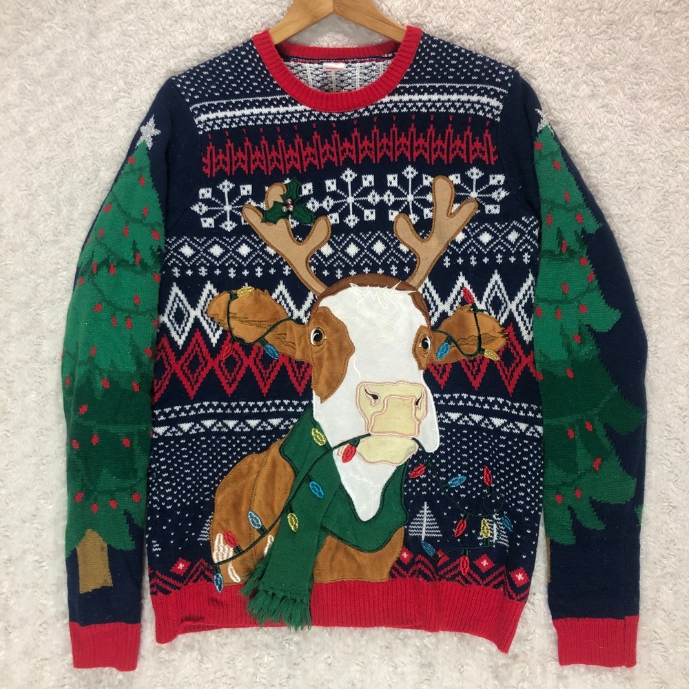 Holiday Time Ugly Christmas Sweater Cow‎ Reindeer Lights Tree Mens M